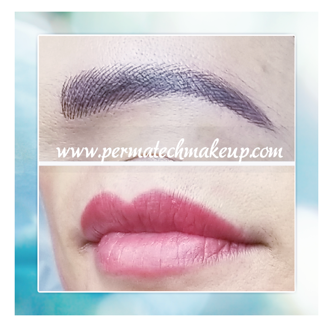 Permanent makeup: eyebrow and lip pigmentation. Dark, filled brow above pink, filled lips.