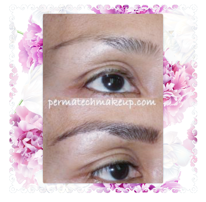 Before and after eyebrow permanent makeup. Top shows sparse brows; bottom shows filled-in brows.