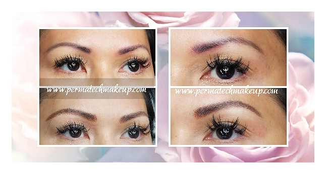 Before and after eyebrow microblading photos, showcasing improved brow shape and fullness.