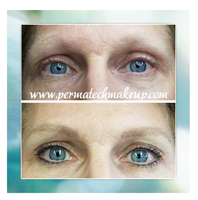 Before and after photos of eyes; permanent eyeliner application.