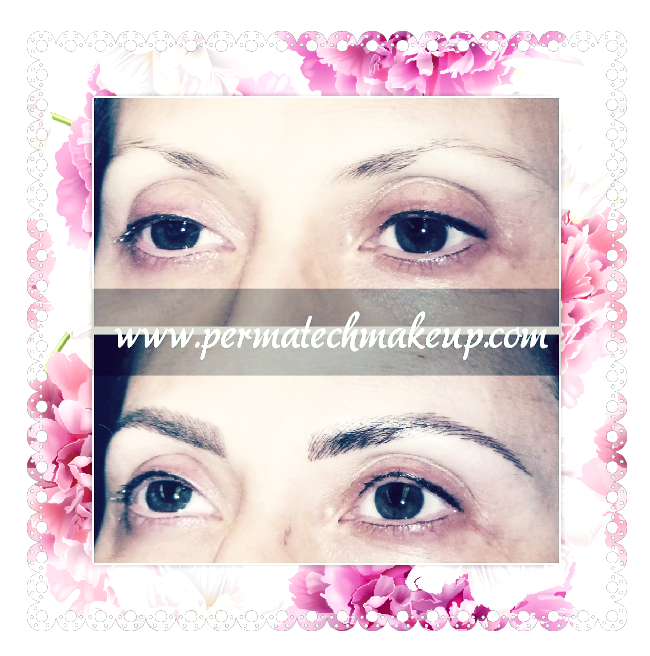 Before and after photos of eyebrows, demonstrating permanent makeup. Eyes are visible.