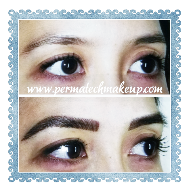 Two photos of eyes; top, sparse eyebrows; bottom, dark, filled-in eyebrows.