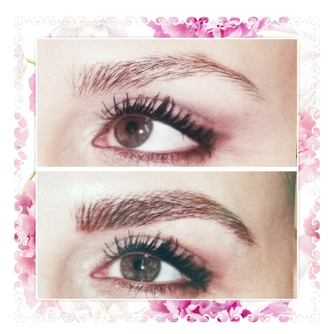 Two close-up photos of an eye, one above the other, showing eyebrows and eyelashes before and after grooming.