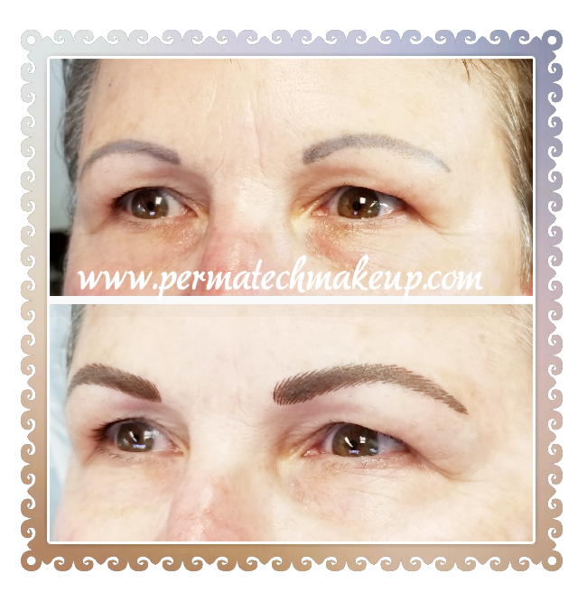 Before and after of eyebrows; top shows sparse brows, bottom shows filled-in, defined brows.
