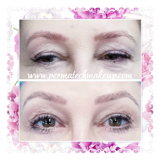 Before and after photos of a woman's eyes. Top: sparse brows, drooping lids. Bottom: enhanced brows, open eyes.