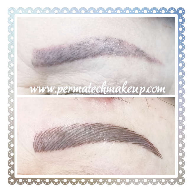 Before and after permanent eyebrow makeup. The top brow is faded, the bottom is defined.