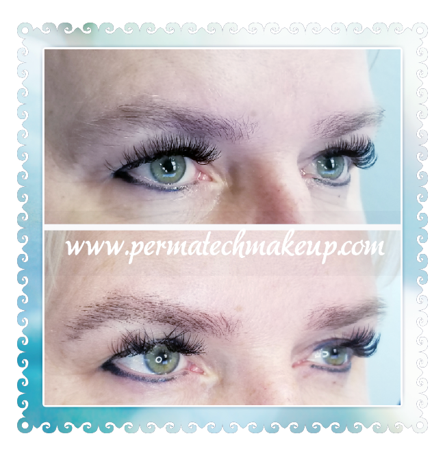 Before and after images of eyes with permanent makeup: darker eyebrows, eyeliner, and lashes.