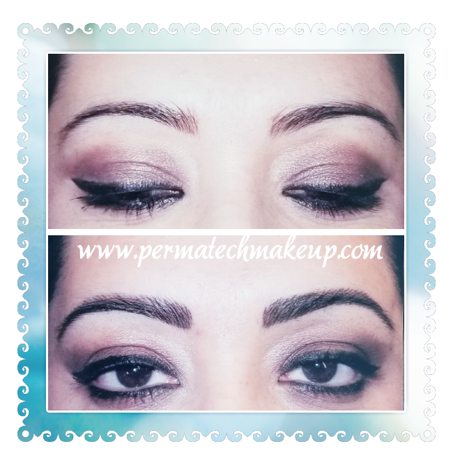 Two views of eyes with smoky eye makeup and winged eyeliner.
