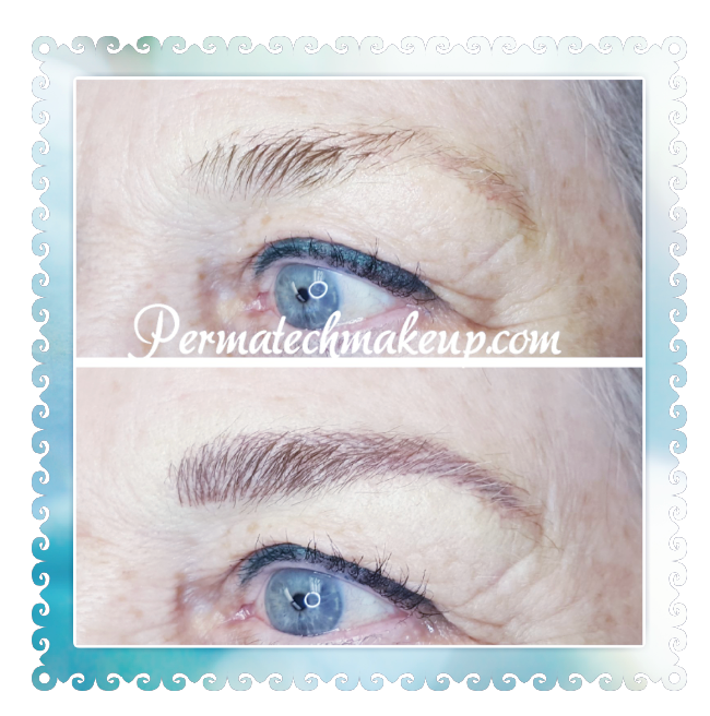 Before and after permanent makeup eyebrows, close-up. Light brown color fills the sparse brows, with eyeliner.