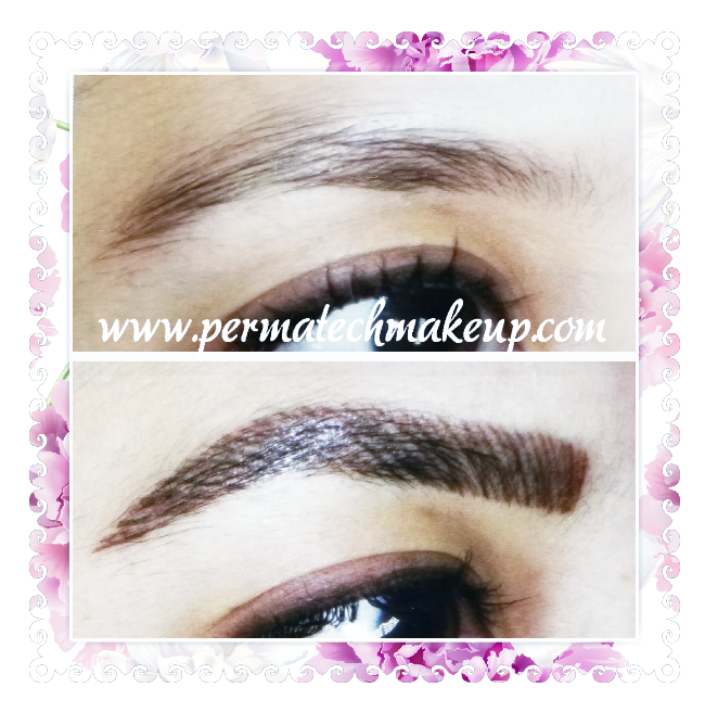 Before and after comparison of eyebrow tattoos; light brown eyebrows become fuller, darker, more defined.