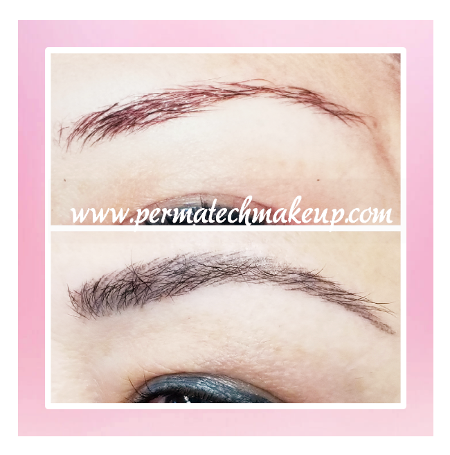 Before-and-after of eyebrows; top: reddish-brown, sparse. Bottom: filled, dark gray, defined shape.