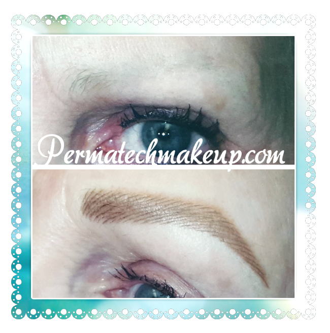 Before and after of eyebrow permanent makeup. One eye with sparse brows, one with filled brows.