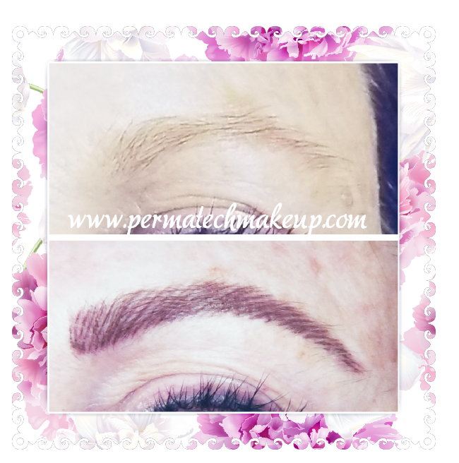 Before and after photos of eyebrow permanent makeup. Top: sparse brows. Bottom: filled brows.