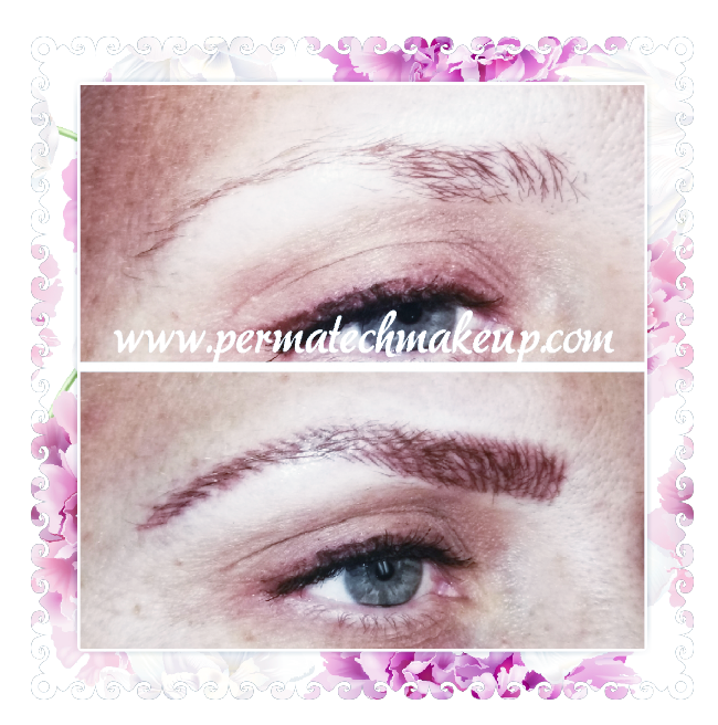 Before and after photos of eyebrows, showing semi-permanent makeup. The after photo has darker, fuller brows.