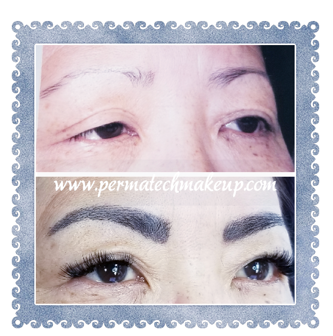 Before and after eyebrow permanent makeup; top shows sparse brows, bottom shows filled brows.