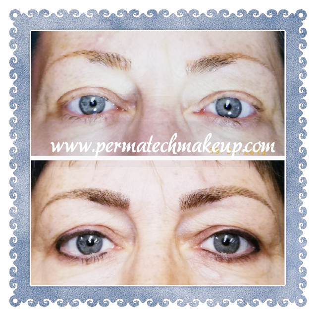 Before and after of eyes. Upper shows sparse brows, lower eyeliner. Bottom shows both enhanced.