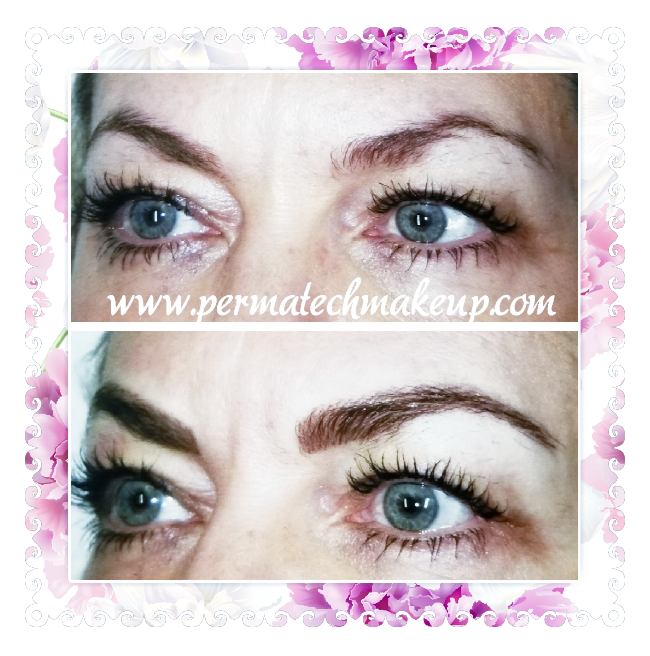 Before and after photos showing eyebrow permanent makeup. Top: sparse brows. Bottom: filled-in, defined brows.