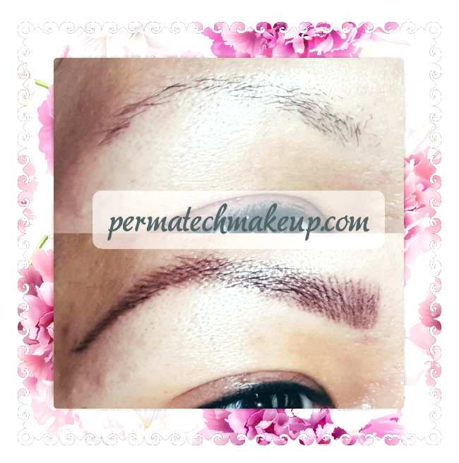 Eyebrow enhancement before and after; the top pair is sparse and pale, the bottom is dark and fuller.