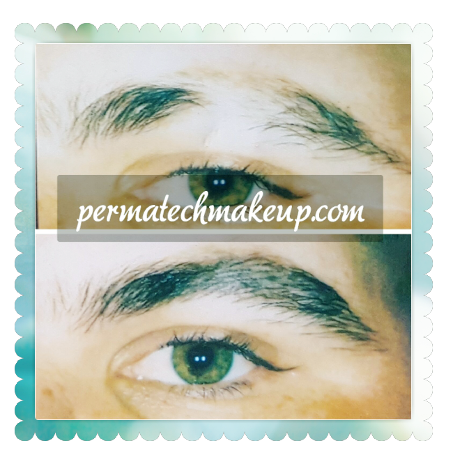 Close-up of eyes with dark eyebrows and green irises. Website address permatechmakeup.com in the center.