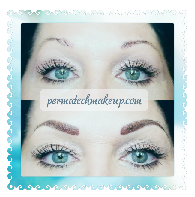 Eyebrow tattoo before-and-after: Sparse brows transformed to full, natural-looking arches, with enhanced eye definition.