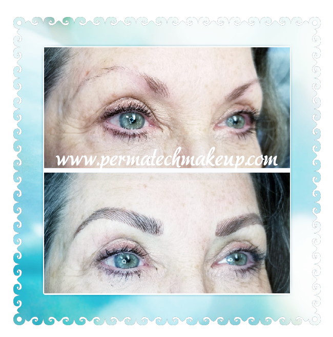 Before and after eyebrow permanent makeup procedure: enhanced brow shape and color.