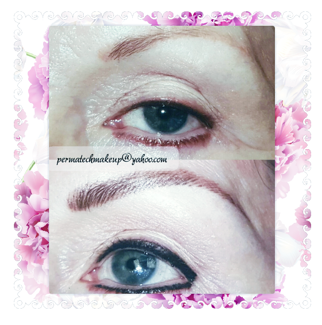 Before and after permanent eyeliner and eyebrow tattoo on eye, pink floral border.
