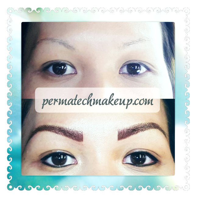 Before and after photo of eyebrow permanent makeup application.