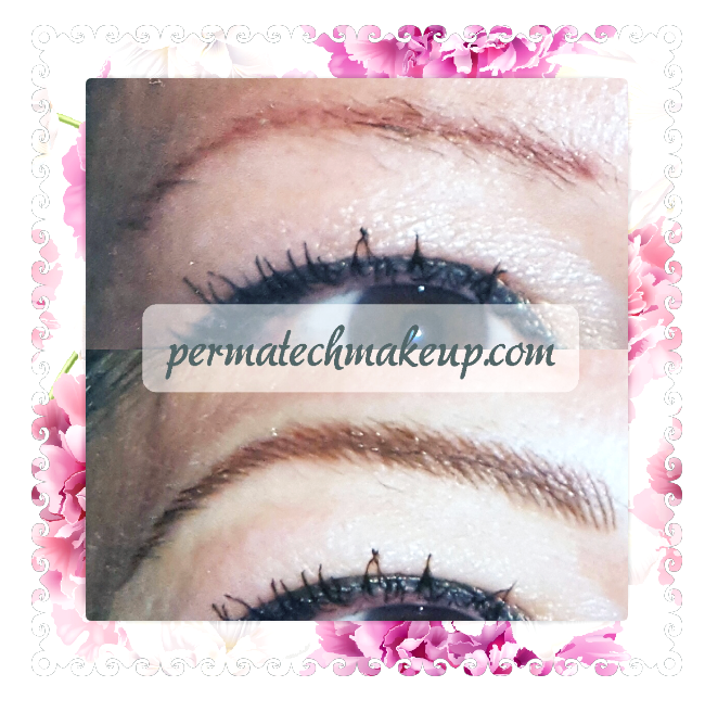 Eyebrow permanent makeup before and after. Light brown brows with defined shape, upper lashes with mascara.