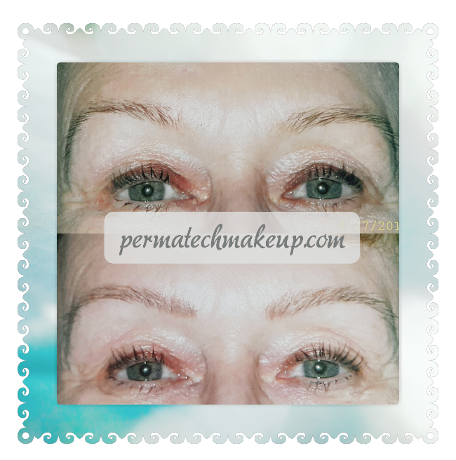 Before and after permanent makeup eyebrows, showing fuller, darker brows.