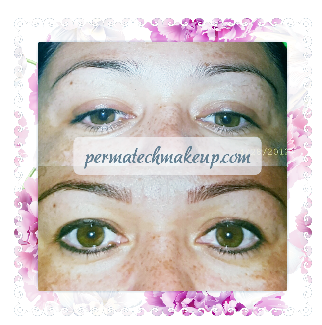 Before and after of eye makeup. Top: sparse brows. Bottom: fuller brows and eyeliner.