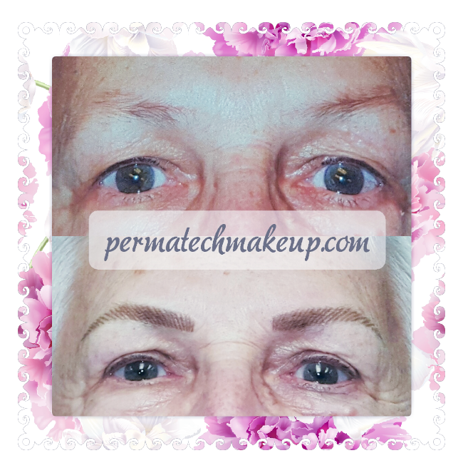 Before and after eyebrow enhancement; woman's face. Top: sparse brows. Bottom: filled-in brows with website overlay.