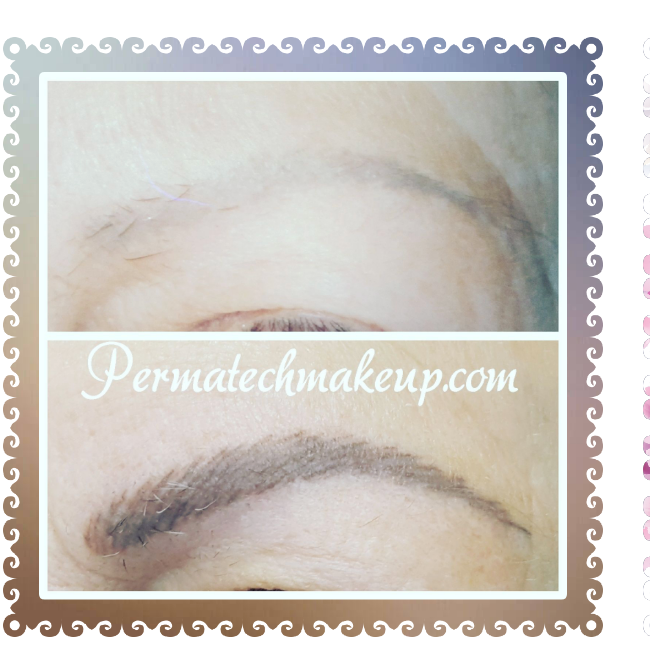 Two photos of eyebrows. One sparse, the other filled in with dark pigment.