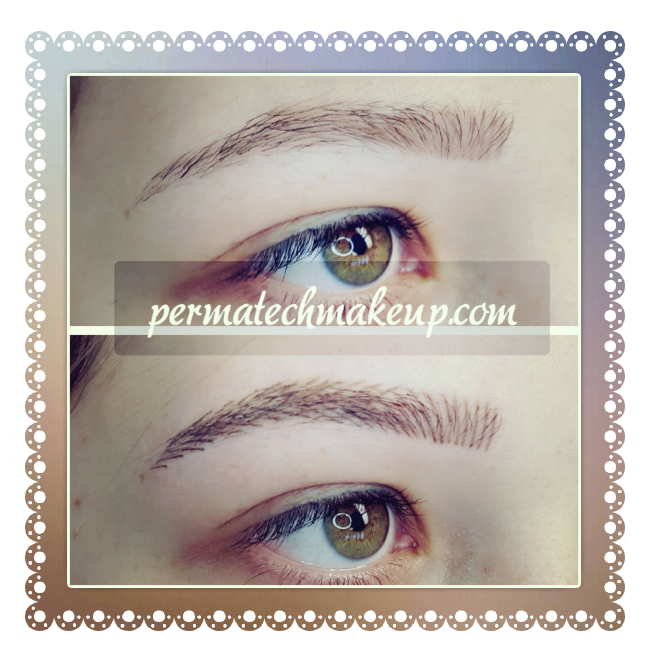Two views of a person's eyes showing eyebrow transformation. Top: before, bottom: after. Brown eyes, light brown brows.