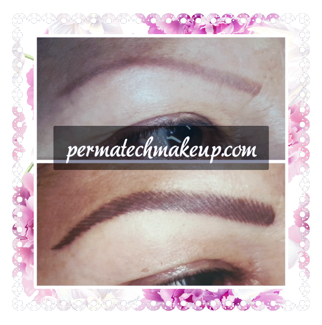 Eyebrows before and after permanent makeup. Top: sparse. Bottom: defined and filled-in, dark brown.