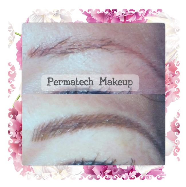 Before and after eyebrow permanent makeup. Top brow is light, bottom brow is darker and defined.