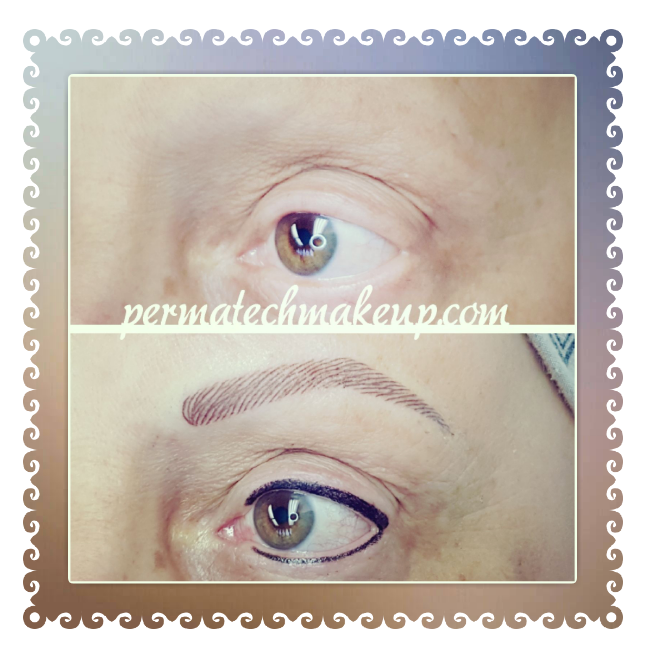 Before and after permanent makeup: eyebrows and eyeliner on a person's face.