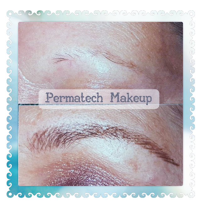 Comparison of sparse eyebrows before and filled eyebrows after a Permatech Makeup treatment.