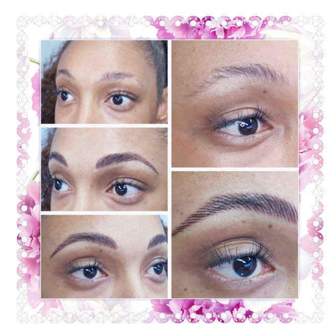 Eyebrow transformation: Before/after photos showing sparse brows being filled with cosmetic tattoo.