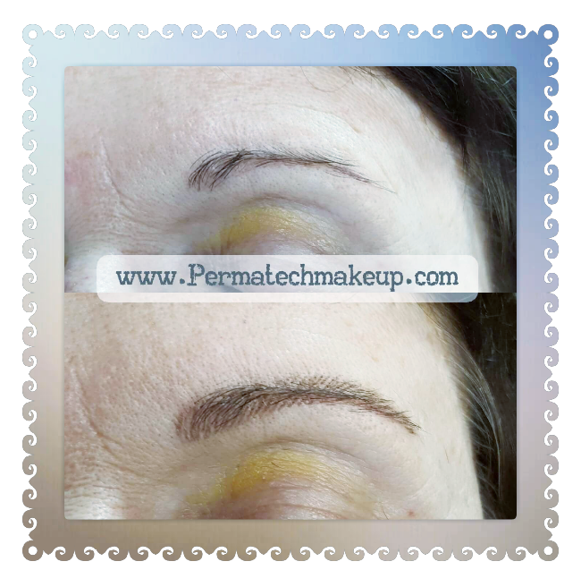 Before and after permanent makeup eyebrow enhancement. Darker, fuller brows are shown below lighter.