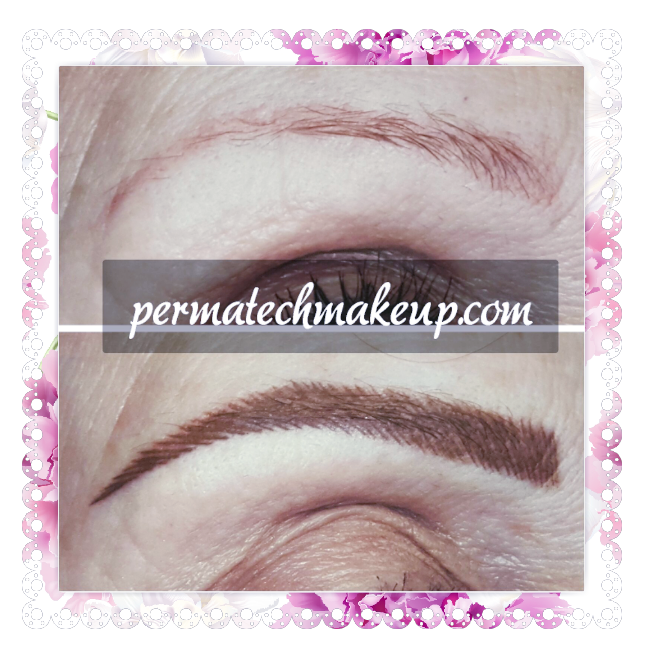 Before and after of eyebrow permanent makeup; top brow faded, bottom brow defined and colored.