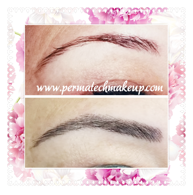 Before and after of eyebrow permanent makeup; top shows sparse brows, bottom shows filled-in, defined shape.