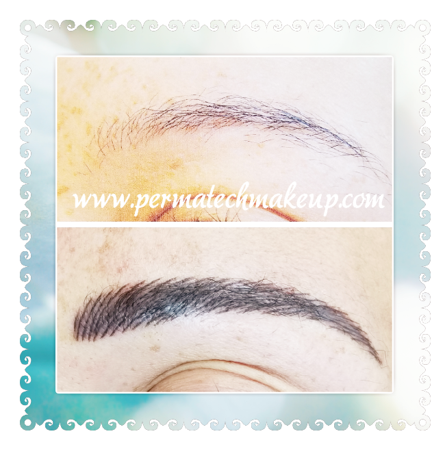 Eyebrow enhancement: Before and after semi-permanent makeup. Top shows sparse brows, bottom shows filled brows.