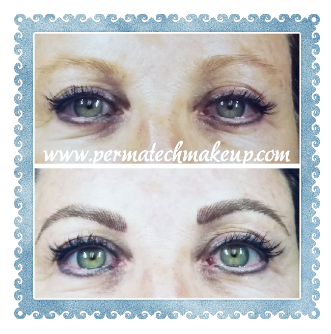 Before and after: Eyebrow and eyeliner permanent makeup on a woman with green eyes.