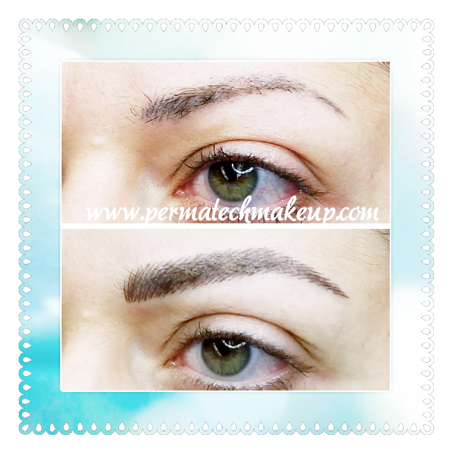 Before and after permanent makeup eyebrows. The lower image shows filled-in, defined brows. Green eye.