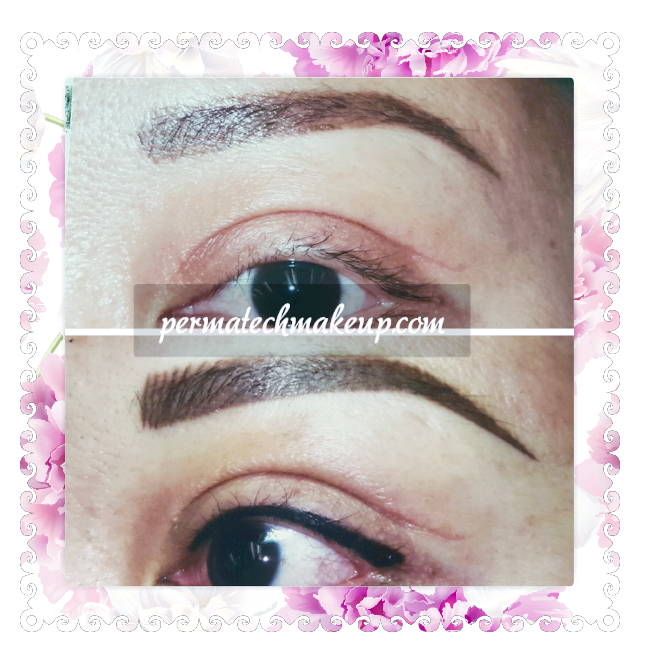 Eyebrow and eyeliner cosmetic enhancements: before and after.