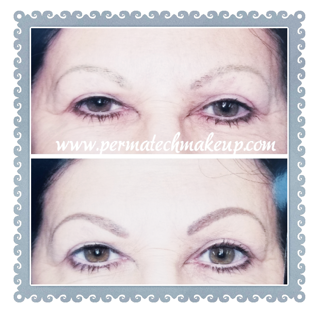 Before and after of a person's eyebrows. The bottom shows improved shape and color after permanent makeup.