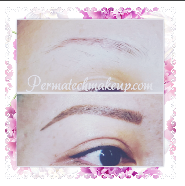 Before-and-after of eyebrow makeup. Top: sparse brows. Bottom: filled-in brows with a defined arch.
