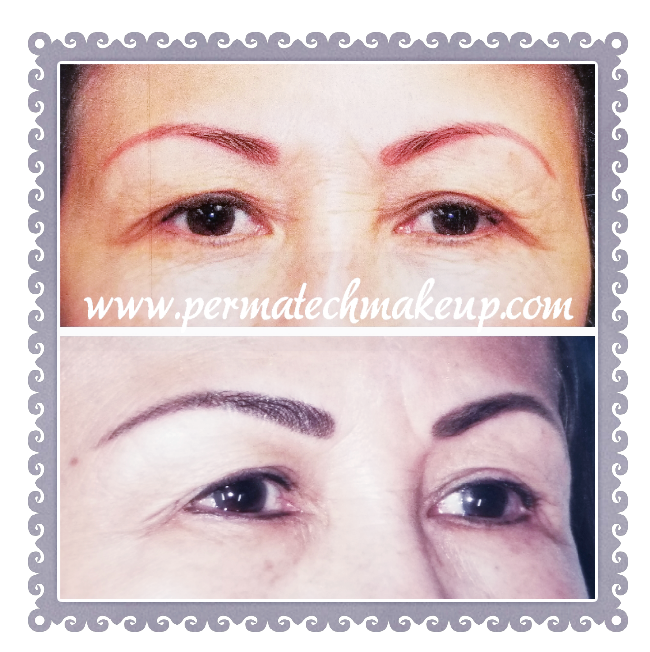 Before and after permanent makeup eyebrows. Top: reddish-brown. Bottom: dark, well-defined brows.