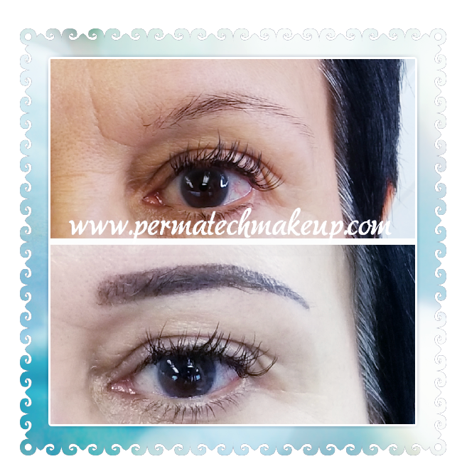 Before and after photo of eyebrow permanent makeup application; top brow sparse, bottom brow filled.
