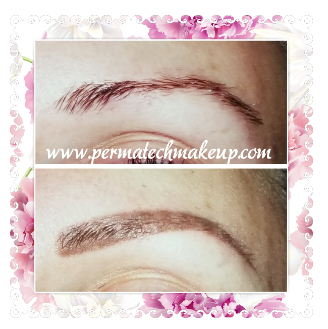 Eyebrow before and after permanent makeup. Top: sparse, red-brown brows. Bottom: fuller, brown brows.